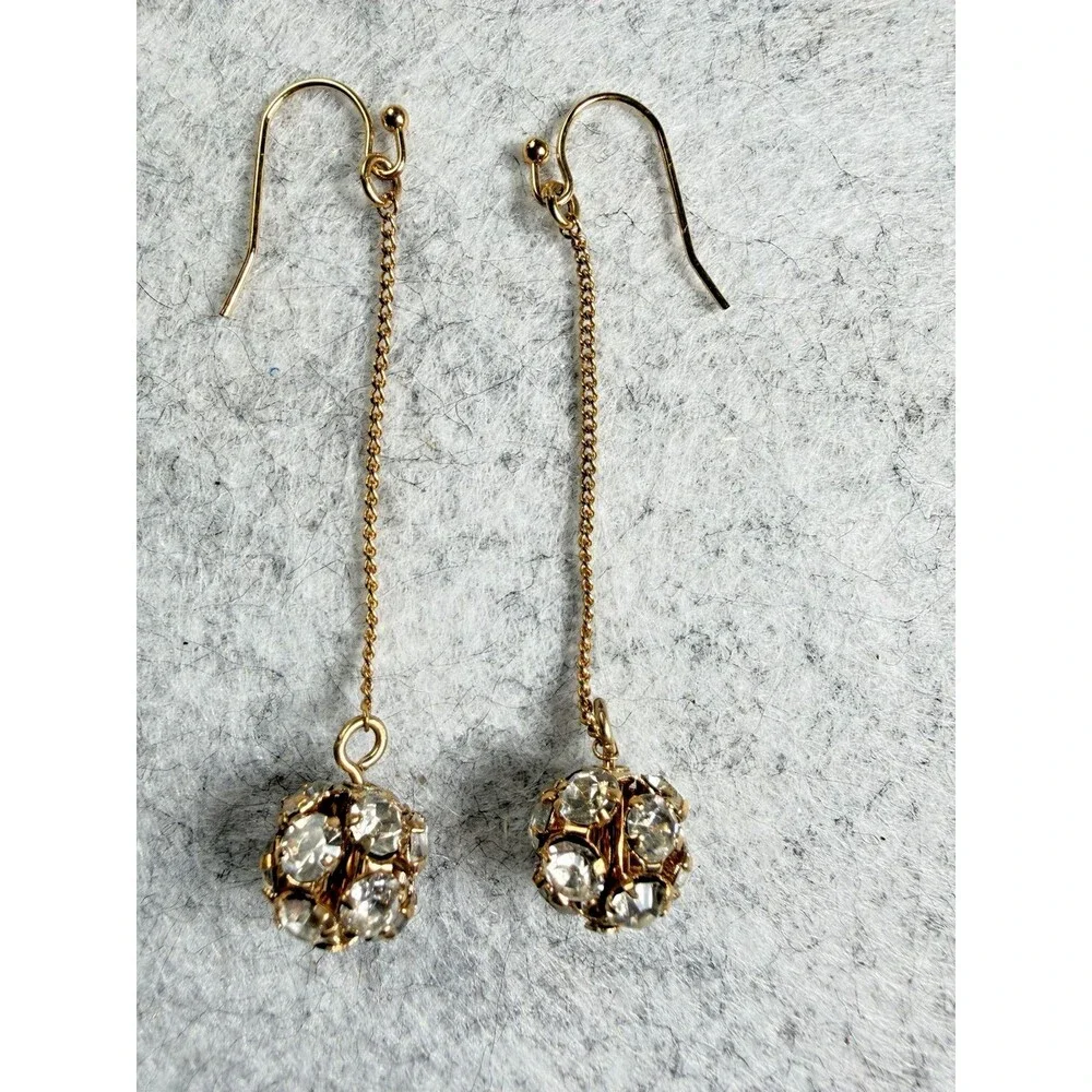 Vintage Rhinestone Ball Dangle Earrings Gold Tone Long Chain Shoulder Dusters